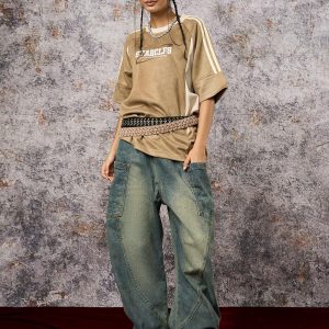 Concert Outfit Suede Contrast Color Spliced Letter Embroidery Oversize T-Shirt
