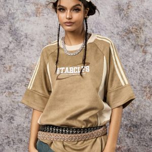 Concert Outfit Suede Contrast Color Spliced Letter Embroidery Oversize T-Shirt