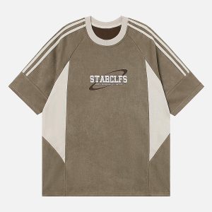 Concert Outfit Suede Contrast Color Spliced Letter Embroidery Oversize T-Shirt
