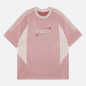 Concert Outfit Suede Contrast Color Spliced Letter Embroidery Oversize T-Shirt