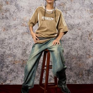 Concert Outfit Suede Contrast Color Spliced Letter Embroidery Oversize T-Shirt