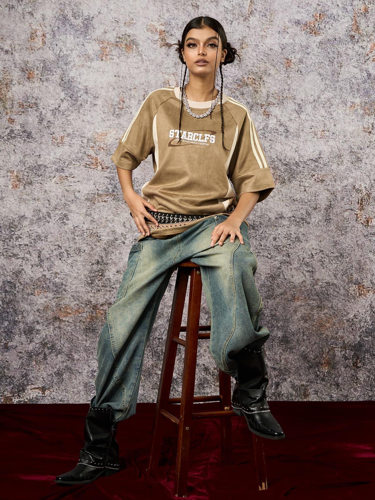 Concert Outfit Suede Contrast Color Spliced Letter Embroidery Oversize T-Shirt Concert Outfit Suede Contrast Color Spliced Letter Embroidery Oversize T-Shirt