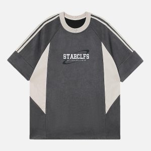 Concert Outfit Suede Contrast Color Spliced Letter Embroidery Oversize T-Shirt