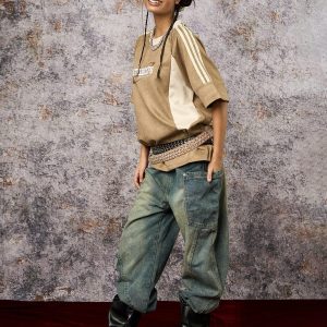 Concert Outfit Suede Contrast Color Spliced Letter Embroidery Oversize T-Shirt