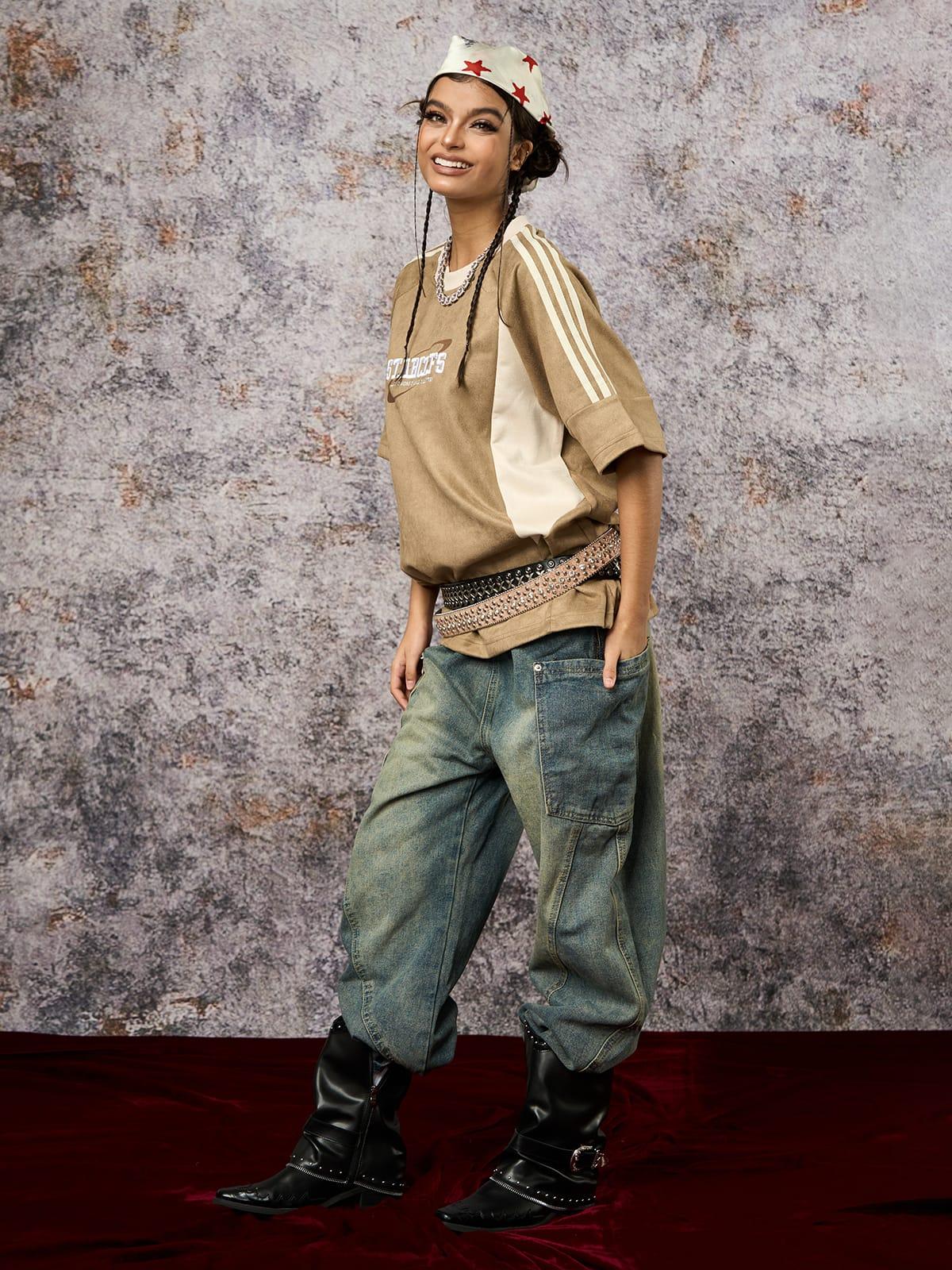 Concert Outfit Suede Contrast Color Spliced Letter Embroidery Oversize T-Shirt Concert Outfit Suede Contrast Color Spliced Letter Embroidery Oversize T-Shirt