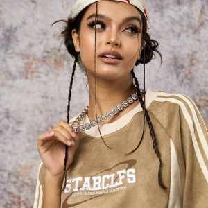 Concert Outfit Suede Contrast Color Spliced Letter Embroidery Oversize T-Shirt