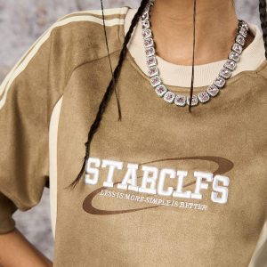Concert Outfit Suede Contrast Color Spliced Letter Embroidery Oversize T-Shirt