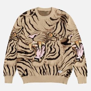 Concert Outfit Tiger Crew Neck Knitted Sweater