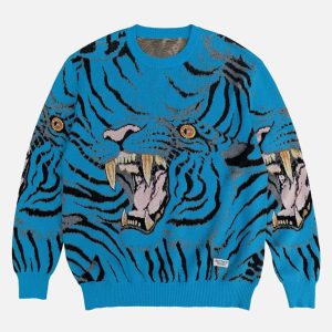 Concert Outfit Tiger Crew Neck Knitted Sweater