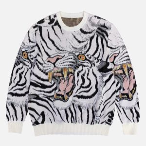 Concert Outfit Tiger Crew Neck Knitted Sweater