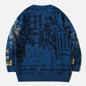 Concert Outfit Van Gogh Oil Painting Knit Sweater