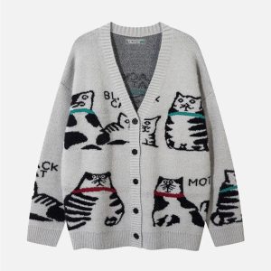 Concert Outfit Vintage Cat Jacquard Knit Cardigan