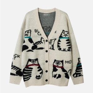 Concert Outfit Vintage Cat Jacquard Knit Cardigan