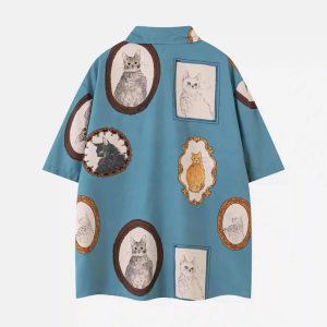 Concert Outfit Vintage Cat Print Short Sleeve Shirt
