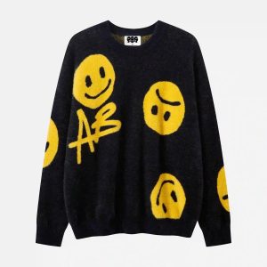 Concert Outfit Vintage Contrasting Smiley Face Sweater