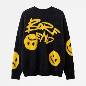 Concert Outfit Vintage Contrasting Smiley Face Sweater