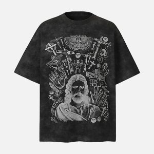 Concert Outfit Vintage Cross Figure Print T-Shirt