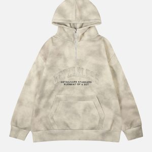 Concert Outfit Vintage Dirty Tie-Dye Half Zip-Up Hoodie