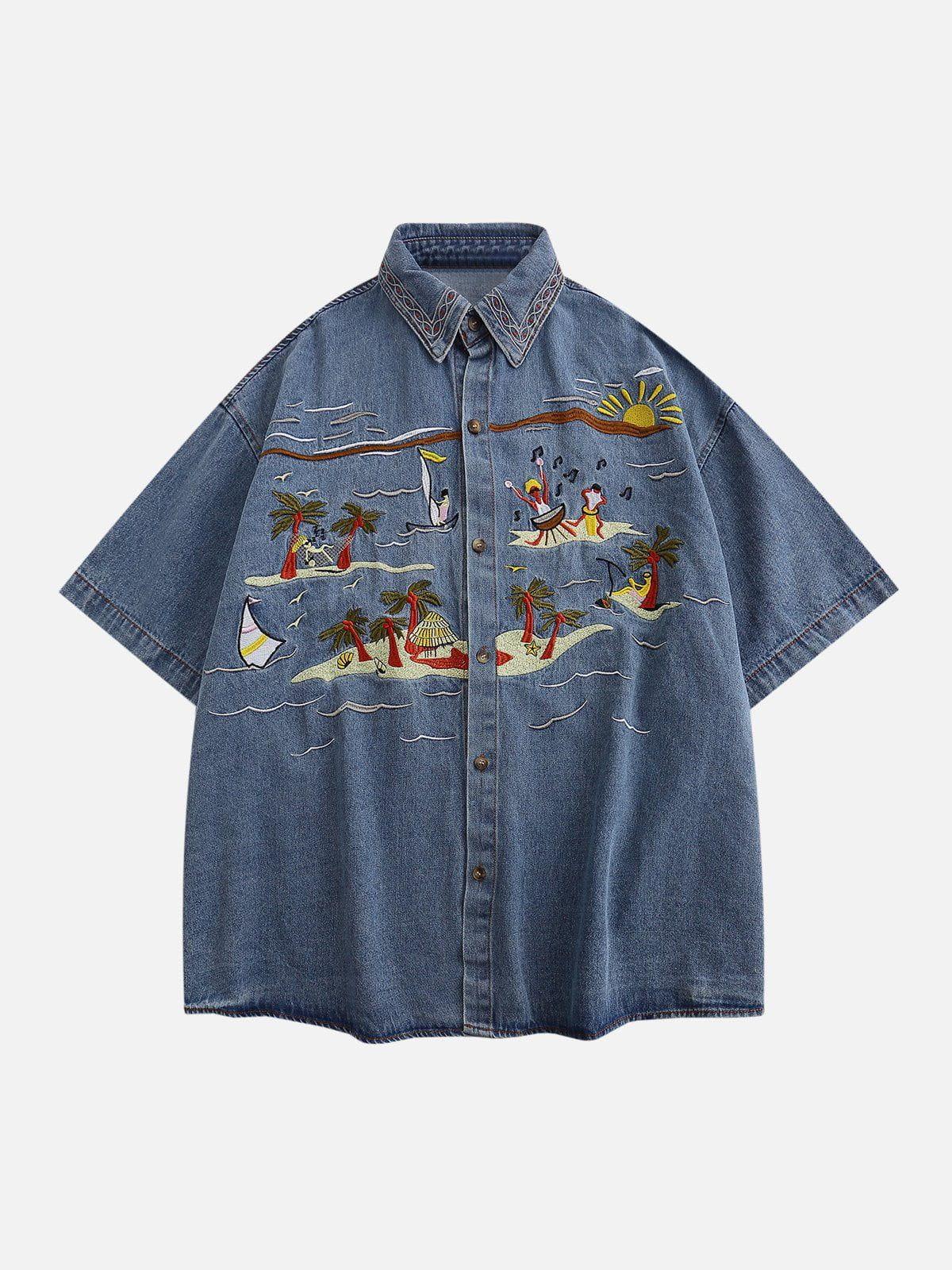 Concert Outfit Vintage Embroidered Denim Short Sleeve Shirt Concert Outfit Vintage Embroidered Denim Short Sleeve Shirt