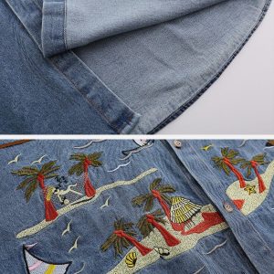 Concert Outfit Vintage Embroidered Denim Short Sleeve Shirt