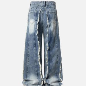 Concert Outfit Vintage Fringed Raw-Edge Oversized Jeans