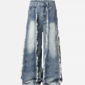 Concert Outfit Vintage Fringed Raw-Edge Oversized Jeans