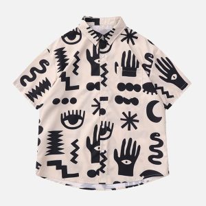 Concert Outfit Vintage Full Print Lapel Short Sleeve Shirt