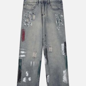 Concert Outfit Vintage Ink Splash Washed And Distressed Jeans