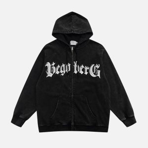 Concert Outfit Vintage Letter Print Zipper Hoodie