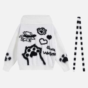 Concert Outfit Vintage Little Bear Paw Print Painting Casual Sweater