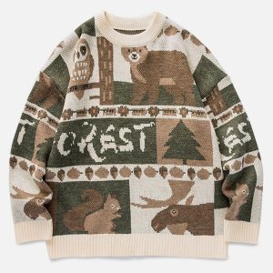 Concert Outfit Vintage Owl Bear Print Knitted Sweater