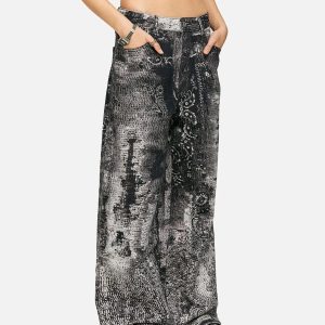 Concert Outfit Vintage Paisley Digital Print Straight Jeans