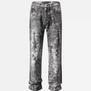 Concert Outfit Vintage Paisley Digital Print Straight Jeans