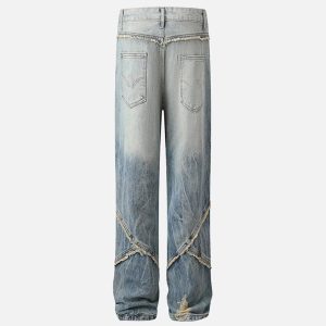 Concert Outfit Vintage Raw-Edge Ripple Straight-Leg Jeans