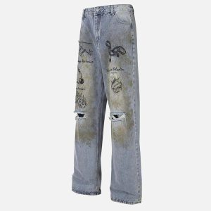 Concert Outfit Vintage Ripped Graffiti Jeans