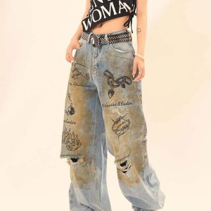 Concert Outfit Vintage Ripped Graffiti Jeans