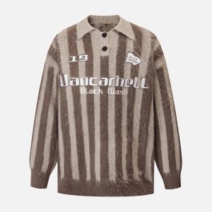 Concert Outfit Vintage Vertical Striped Polo Collar Sweater