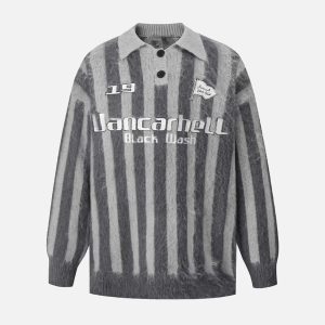 Concert Outfit Vintage Vertical Striped Polo Collar Sweater