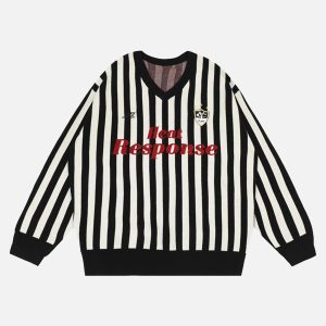 Concert Outfit Vintage Vertical Striped Preppy V-Neck Sweater