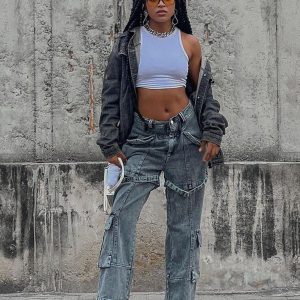Concert Outfit Vintage Washed Denim Cargo Jeans