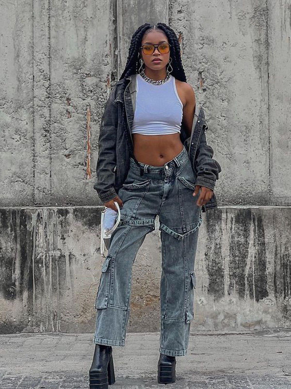 Concert Outfit Vintage Washed Denim Cargo Jeans Concert Outfit Vintage Washed Denim Cargo Jeans