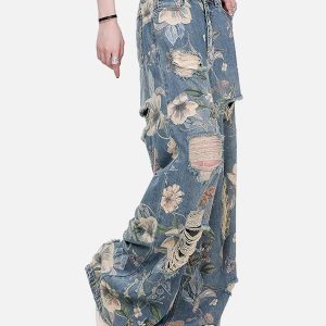 Concert Outfit Vintage Washed Distressed Floral Ripped Baggy Jeans
