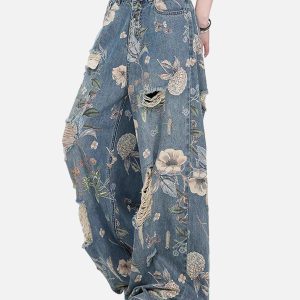 Concert Outfit Vintage Washed Distressed Floral Ripped Baggy Jeans
