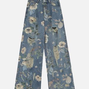 Concert Outfit Vintage Washed Distressed Floral Ripped Baggy Jeans