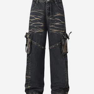 Concert Outfit Vintage Washed Distressed Multi Pocket Cargo Jeans