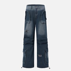 Concert Outfit Vintage Washed Multi-Pocket Jeans