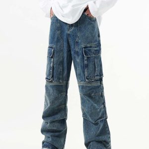 Concert Outfit Washed And Distressed Multi-Pocket Jeans