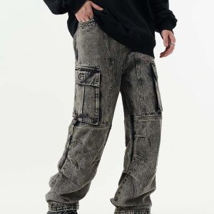 Concert Outfit Washed And Distressed Multi-Pocket Jeans