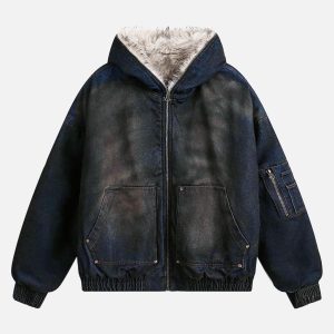 Concert Outfit Washed Denim Fur Hooded Jacket