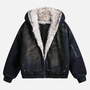 Concert Outfit Washed Denim Fur Hooded Jacket